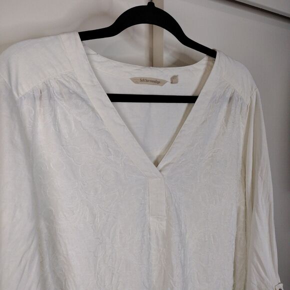 Soft Surroundings Linen Embroidered Vneck Long Sleeve Tunic Top Size XL Cream - Picture 2 of 8